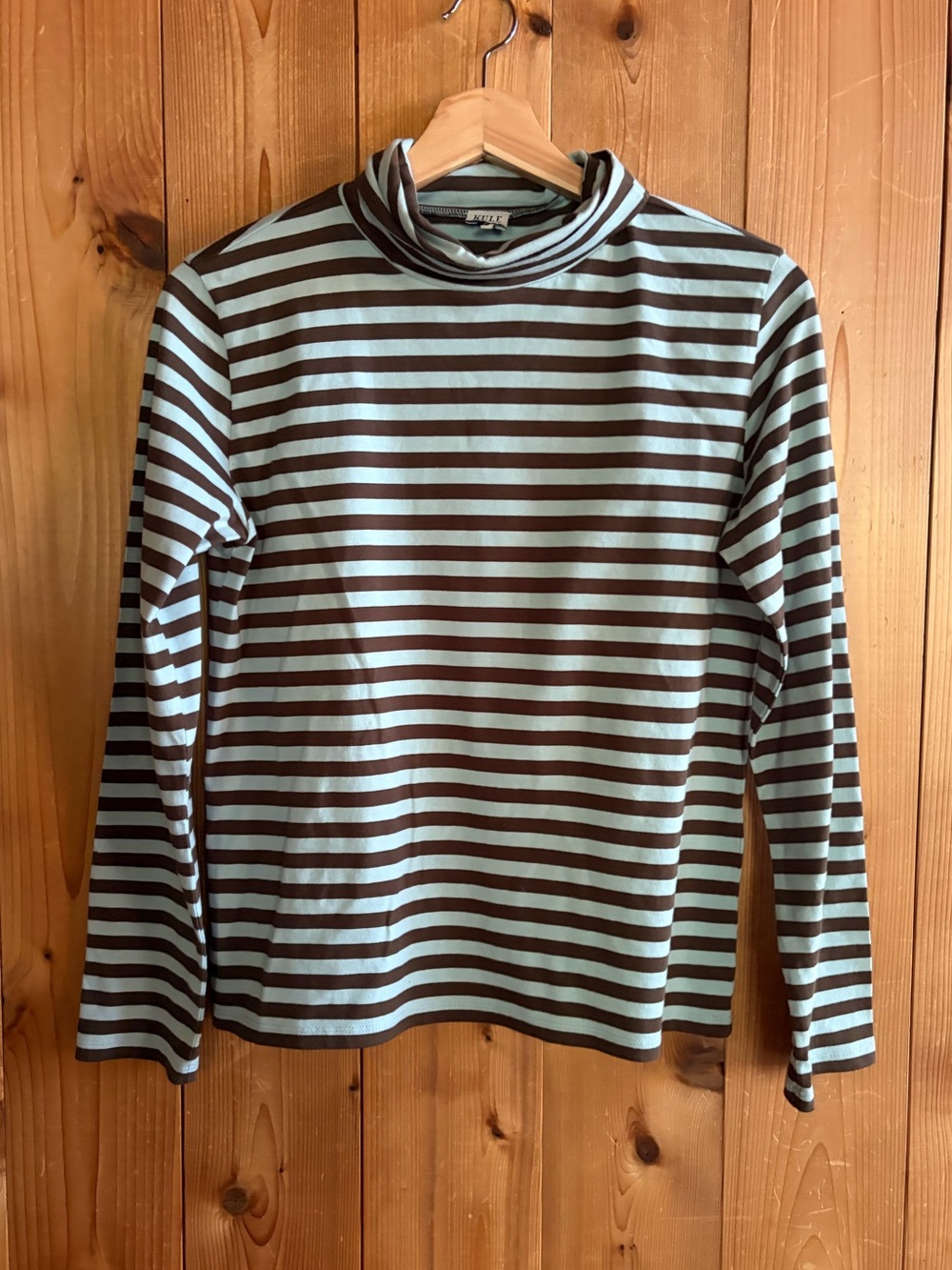 KULE The Turtleneck 100% Cotton Copper Blue & Green Striped Long Sleeve Tee